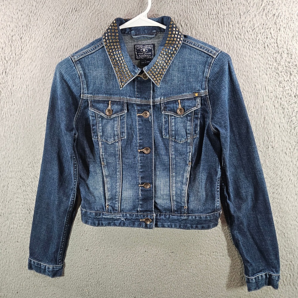 Lucky Brand Women Small Studded Denim Trucker Jacket Dark Wash Western Boho